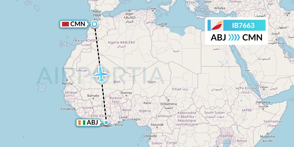 IB7663 Iberia Flight Map: Abidjan to Casablanca