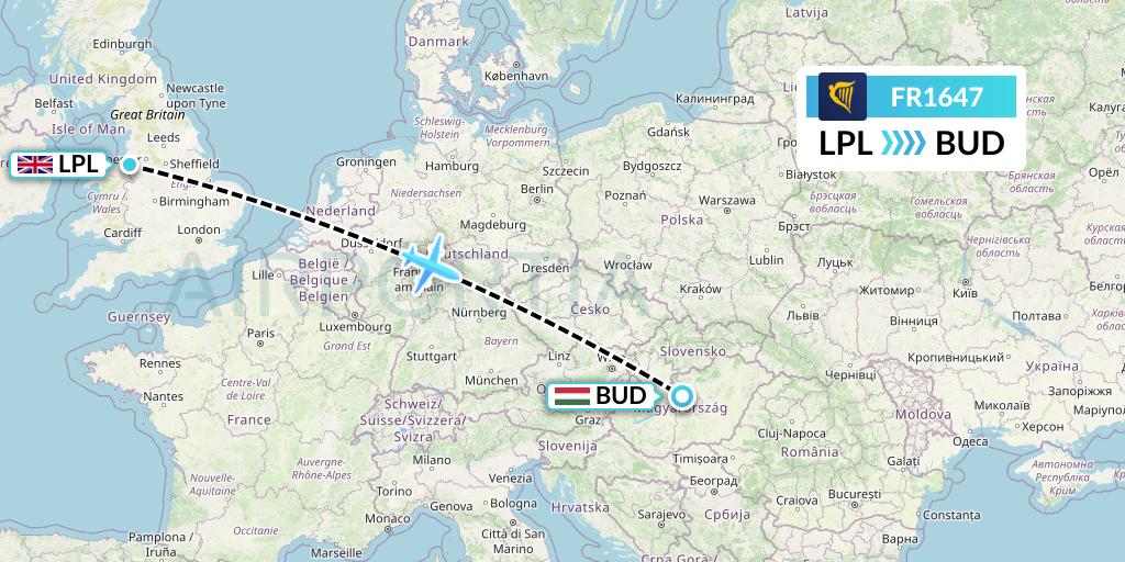 FR1647 Ryanair Flight Map: Liverpool to Budapest