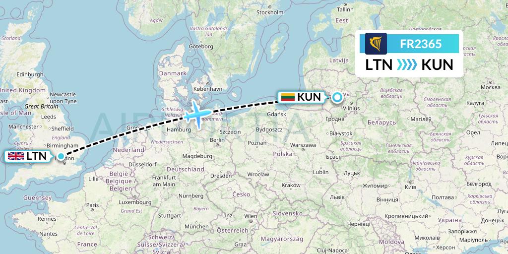 FR2365 Ryanair Flight Map: London to Kaunas