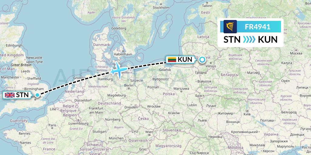 FR4941 Ryanair Flight Map: London to Kaunas