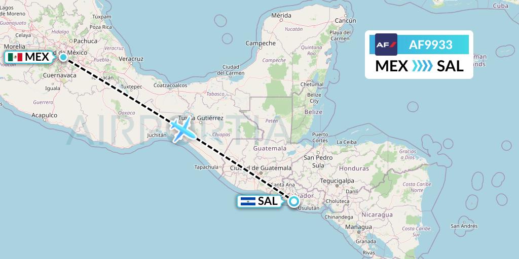 AF9933 Air France Flight Map: Mexico City to San Salvador