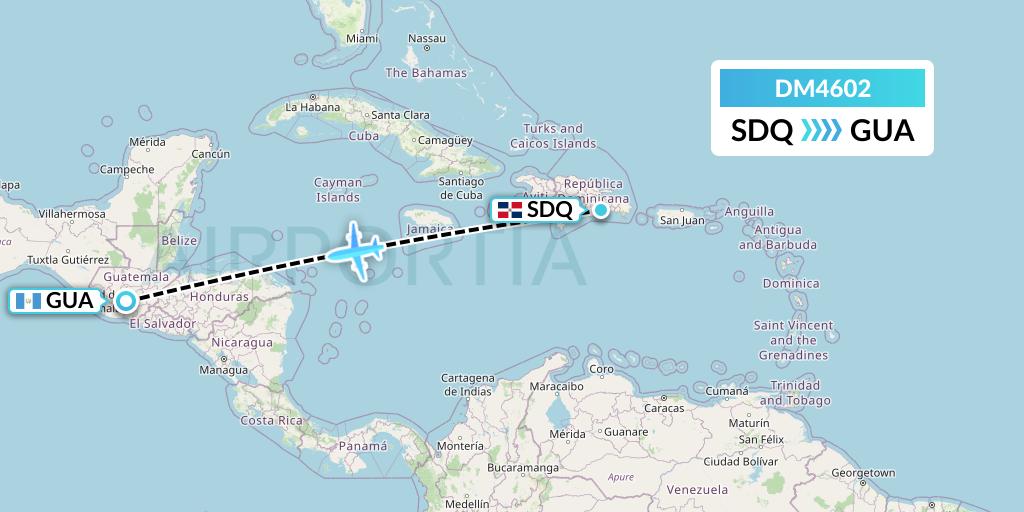 DM4602 Arajet Flight Map: Santo Domingo to Guatemala City