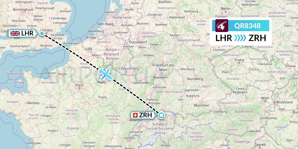 QR8348 Qatar Airways Flight Map: London to Zurich