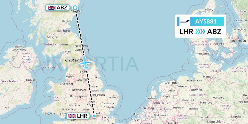 AY5881 Finnair Flight Map: London to Aberdeen