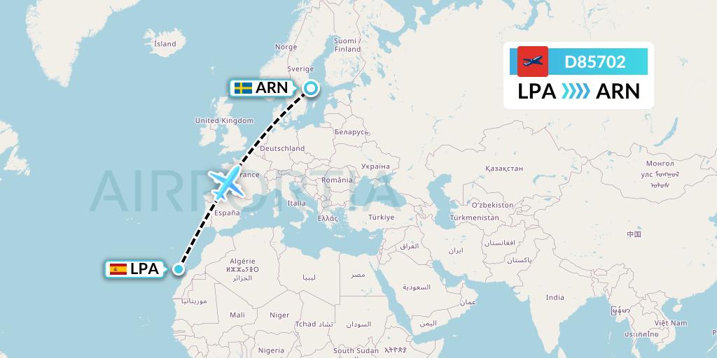 D85702 Norwegian Air International Flight Map: Las Palmas to Stockholm