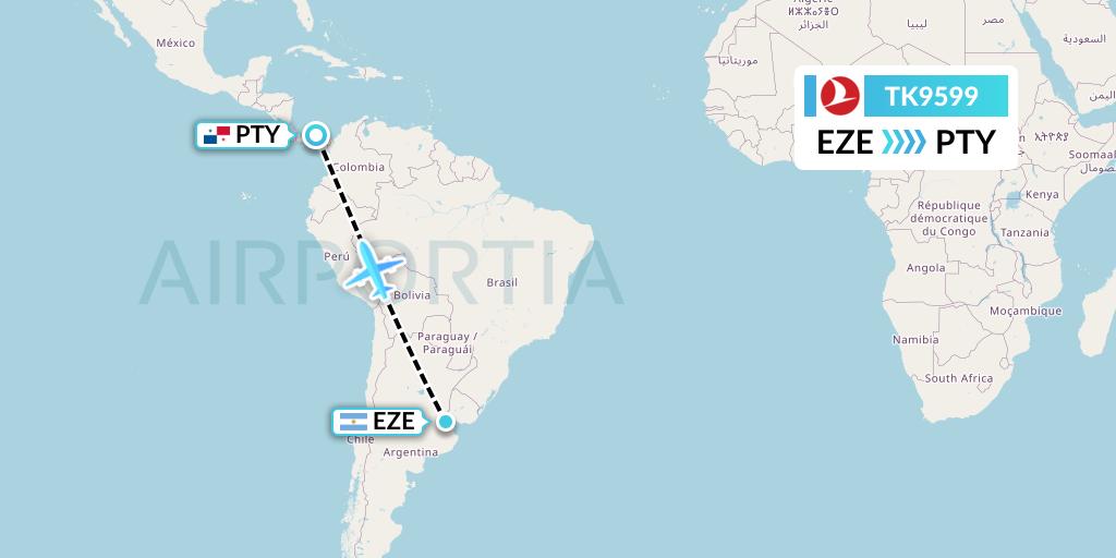 TK9599 Turkish Airlines Flight Map: Buenos Aires to Panama City