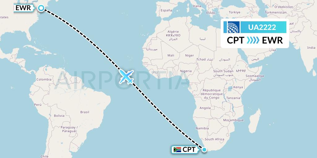UA2222 United Airlines Flight Map: Cape Town to New York