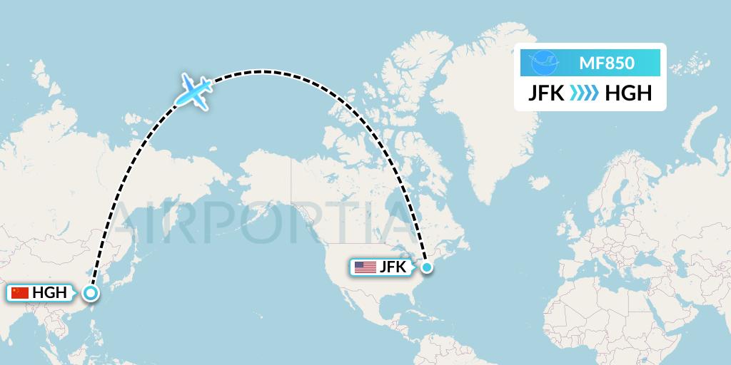 MF850 Xiamen Airlines Flight Map: New York to Hangzhou