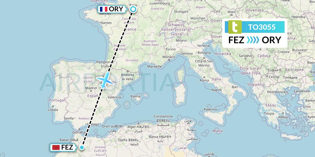 TO3055 Transavia France Flight Map: Fes to Paris