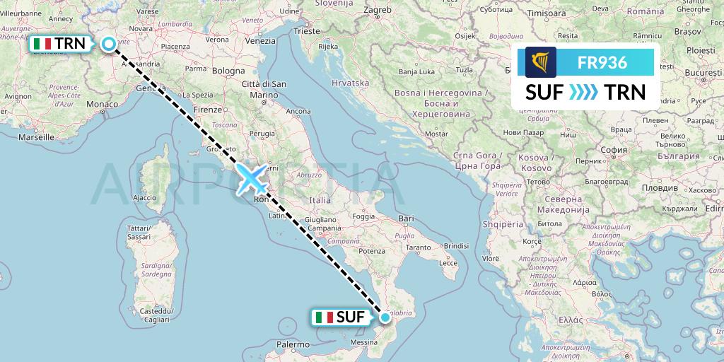 FR936 Ryanair Flight Map: Lamezia Terme to Turin