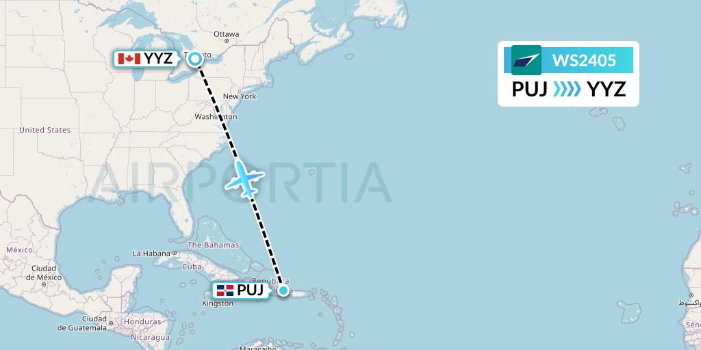 WS2405 WestJet Flight Map: Punta Cana to Toronto