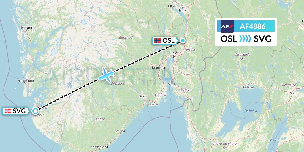 AF4886 Air France Flight Map: Oslo to Stavanger