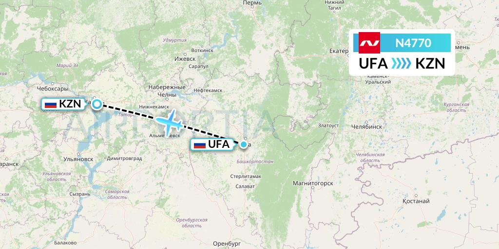 N4770 Nordwind Airlines Flight Map: Ufa to Kazan