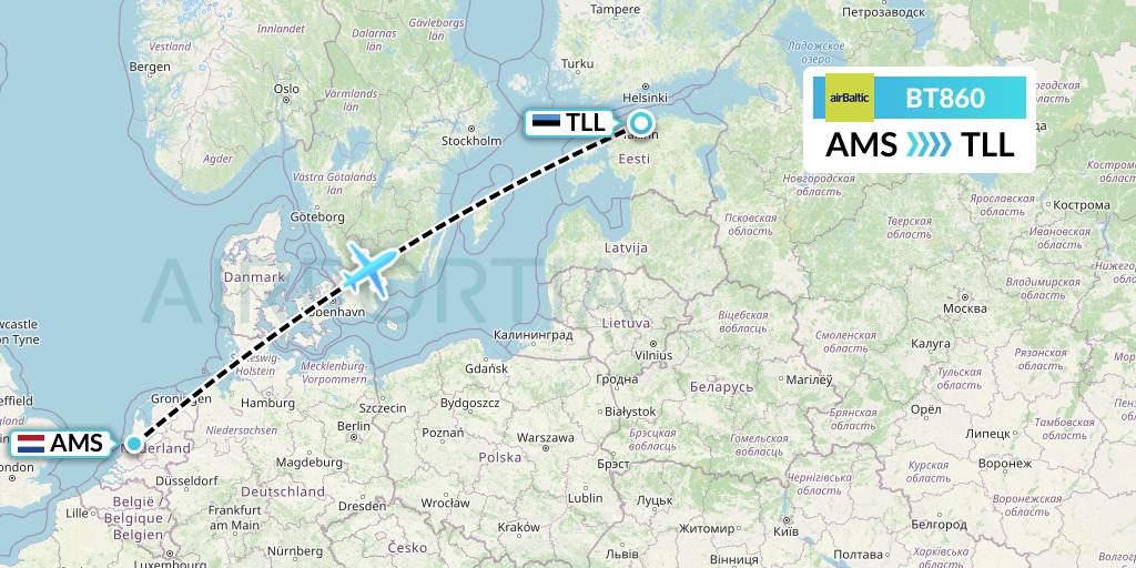 BT860 Air Baltic Flight Map: Amsterdam to Tallinn