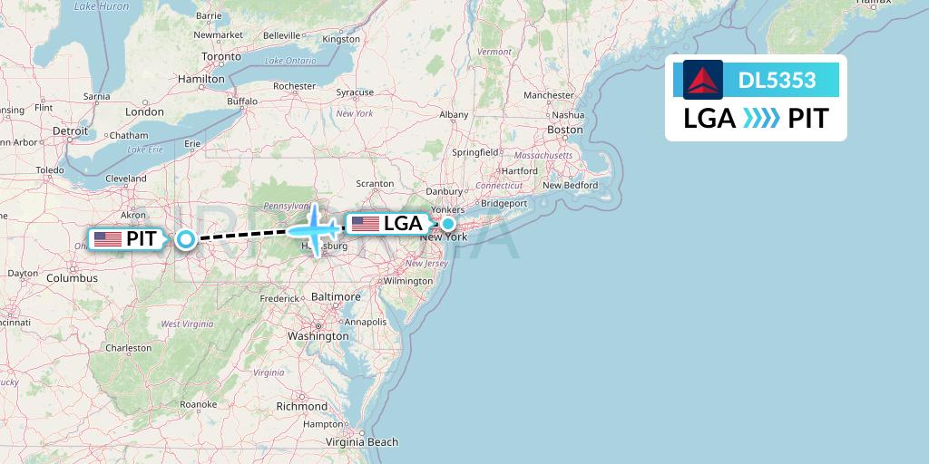DL5353 Delta Air Lines Flight Map: New York to Pittsburgh