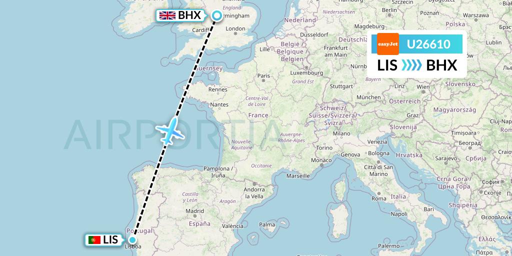 U26610 EasyJet Flight Map: Lisbon to Birmingham