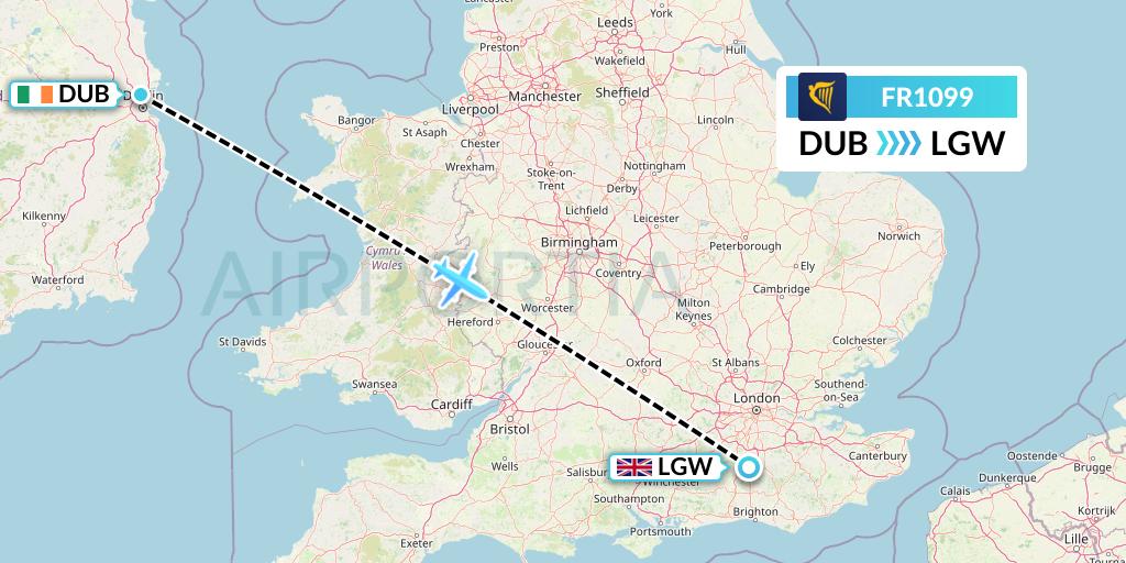 FR1099 Ryanair Flight Map: Dublin to London