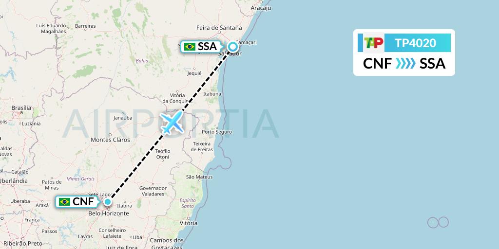 TP4020 TAP Portugal Flight Map: Belo Horizonte to Salvador