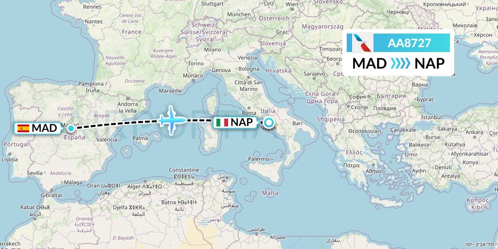 AA8727 American Airlines Flight Map: Madrid to Naples