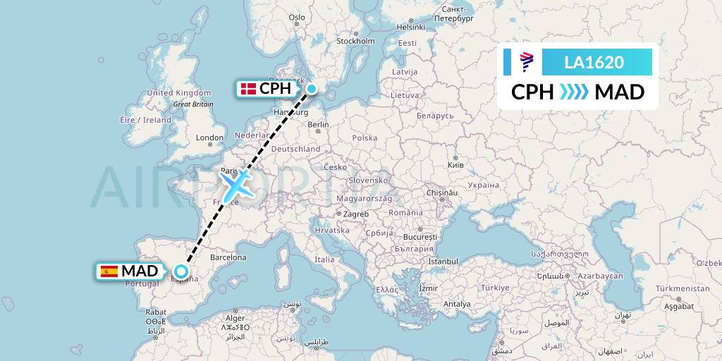 LA1620 LAN Airlines Flight Map: Copenhagen to Madrid