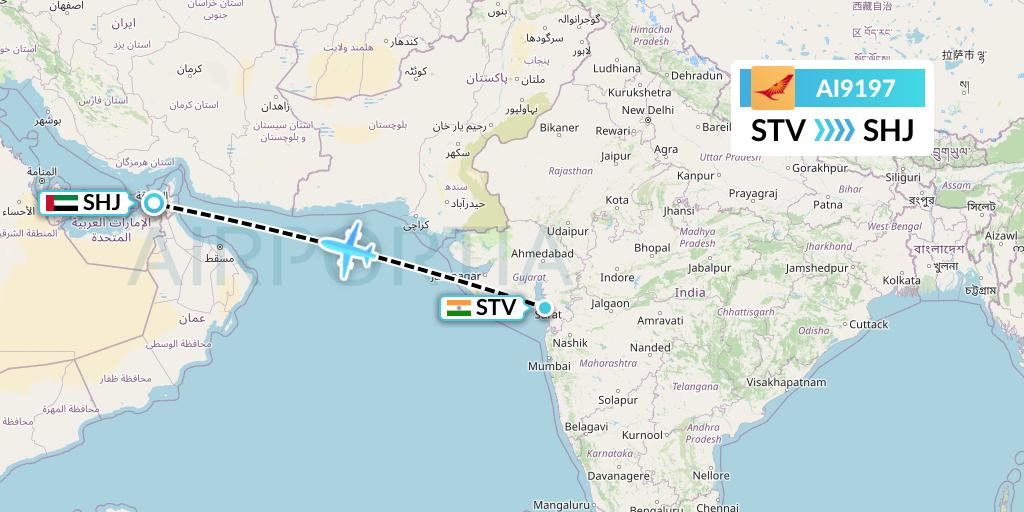 AI9197 Air India Flight Map: Surat to Sharjah