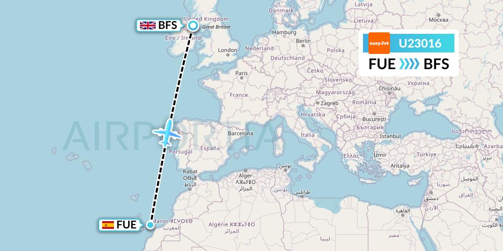 U23016 EasyJet Flight Map: Fuerteventura to Belfast