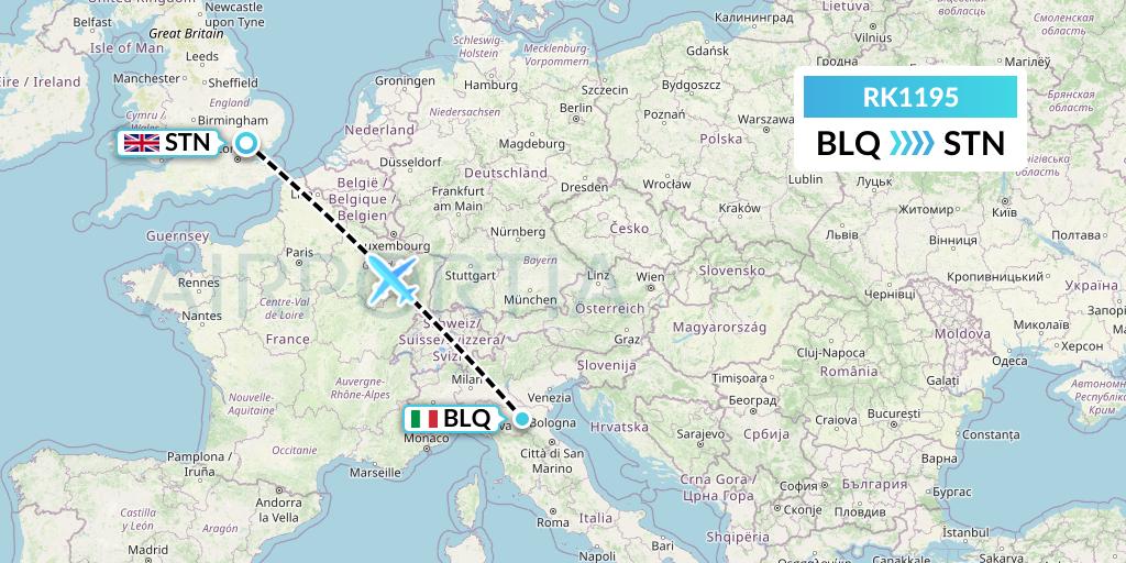 RK1195 Ryanair UK Flight Map: Bologna to London