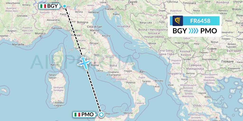 FR6458 Ryanair Flight Map: Milan to Palermo