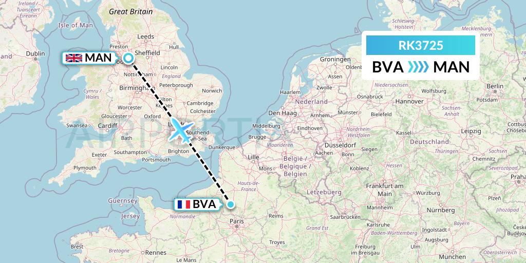 RK3725 Ryanair UK Flight Map: Paris to Manchester