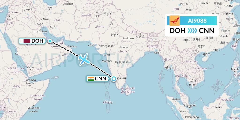 AI9088 Air India Flight Map: Doha to Mattannur