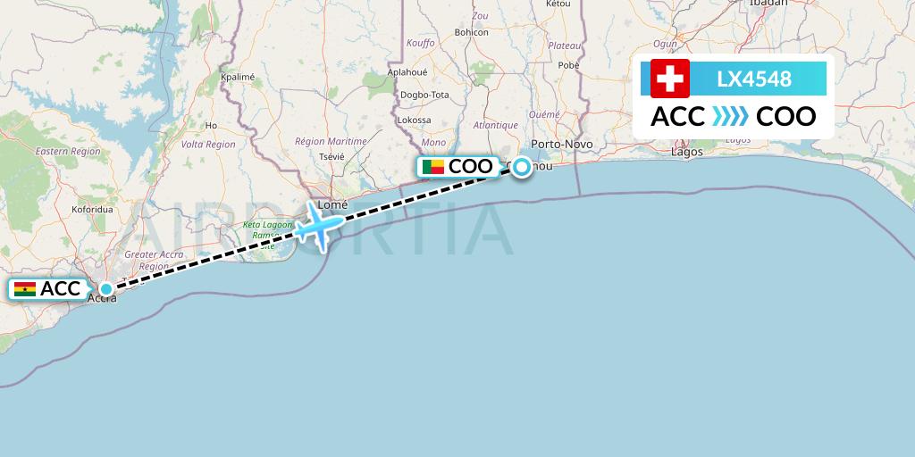 LX4548 Swiss Flight Map: Accra to Cotonou