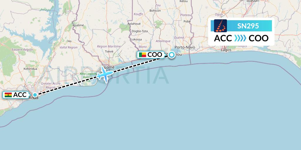SN295 Brussels Airlines Flight Map: Accra to Cotonou