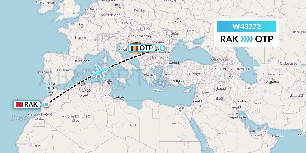 W43272 Wizz Air Malta Flight Map: Marrakesh to Bucharest