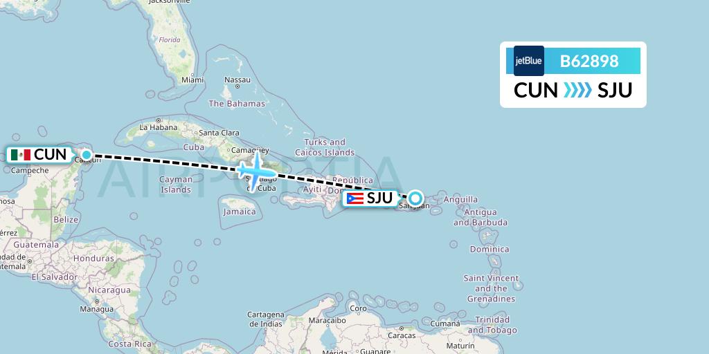 B62898 JetBlue Airways Flight Map: Cancun to San Juan