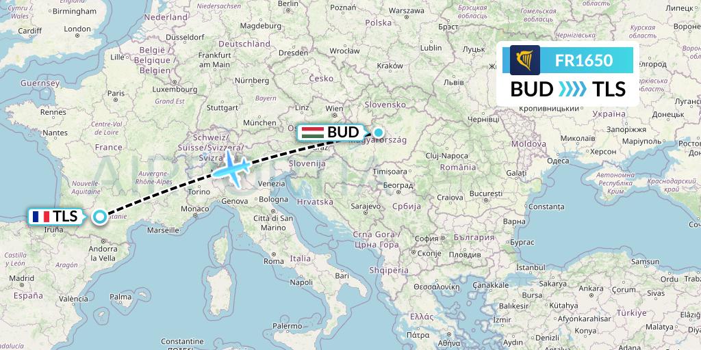 FR1650 Ryanair Flight Map: Budapest to Toulouse