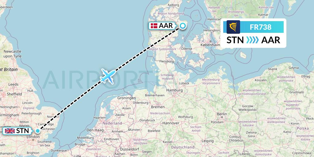 FR738 Ryanair Flight Map: London to Aarhus