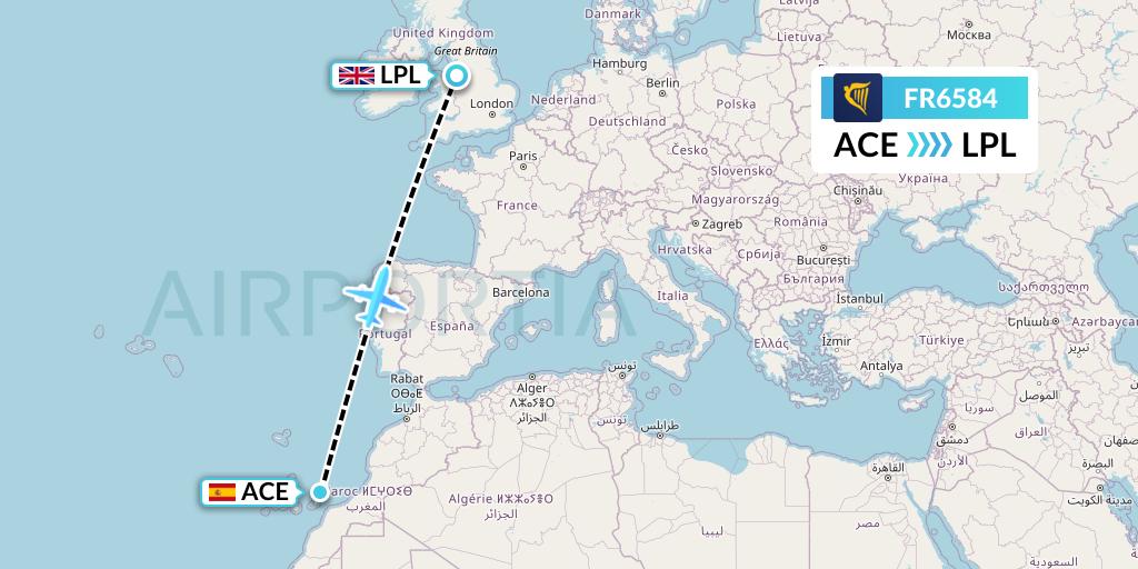 FR6584 Ryanair Flight Map: Lanzarote to Liverpool