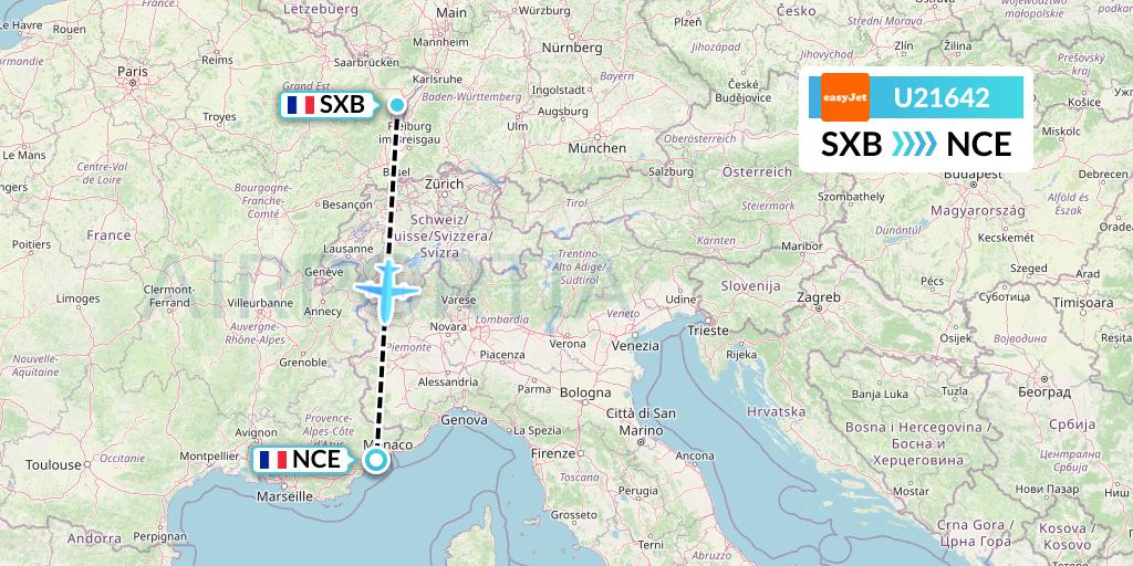 U21642 EasyJet Flight Map: Strasbourg to Nice