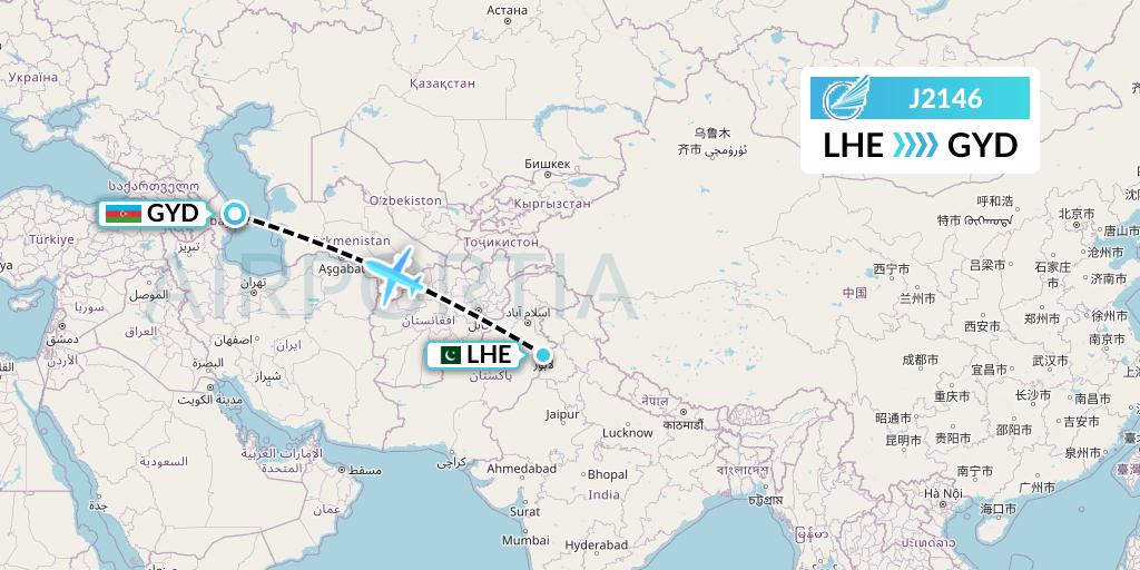 J2146 Azerbaijan Airlines Flight Map: Lahore to Baku