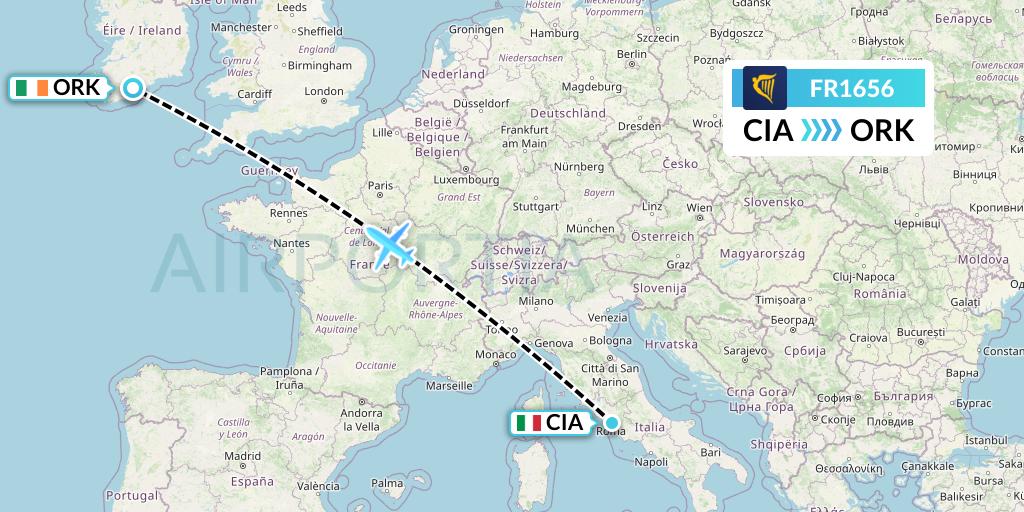 FR1656 Ryanair Flight Map: Rome to Cork