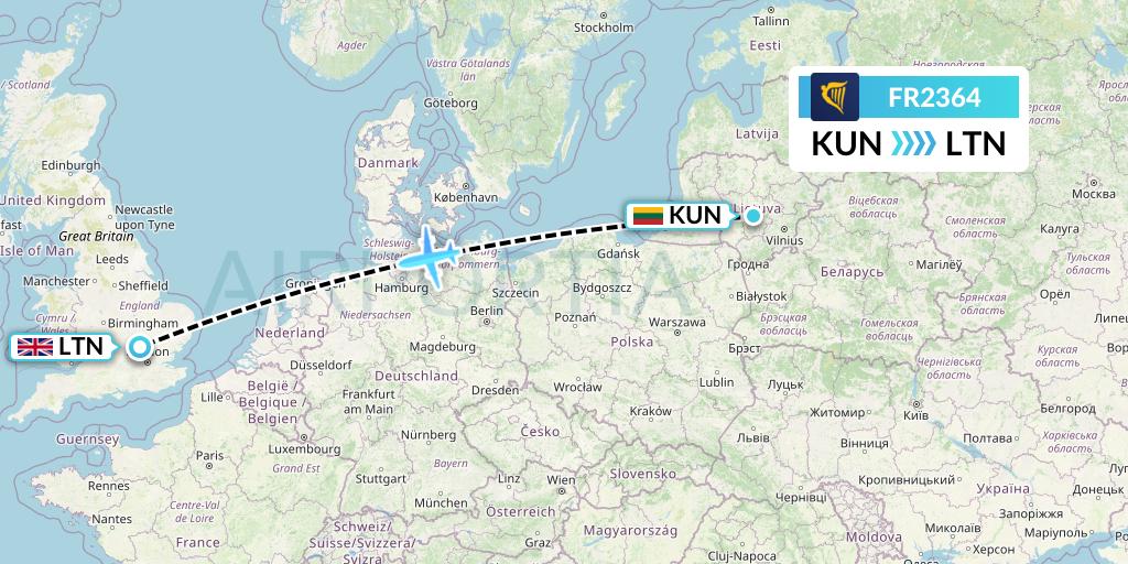 FR2364 Ryanair Flight Map: Kaunas to London