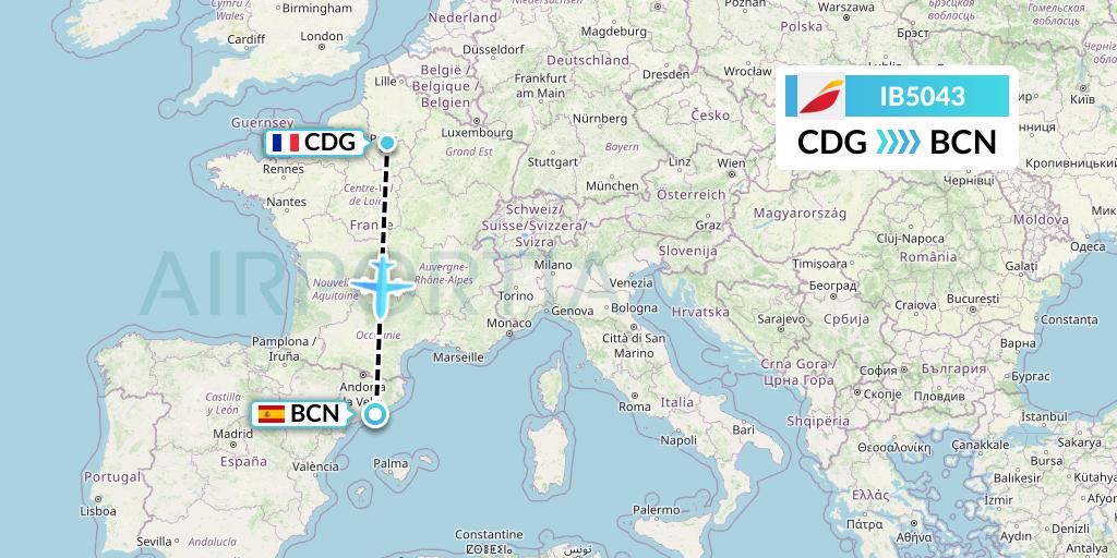 IB5043 Iberia Flight Map: Paris to Barcelona