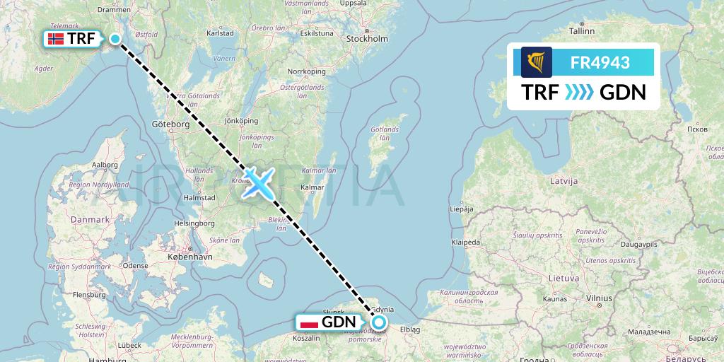 FR4943 Ryanair Flight Map: Oslo to Gdansk