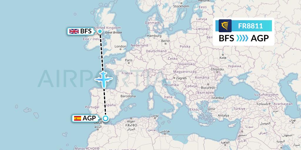 FR8811 Ryanair Flight Map: Belfast to Malaga