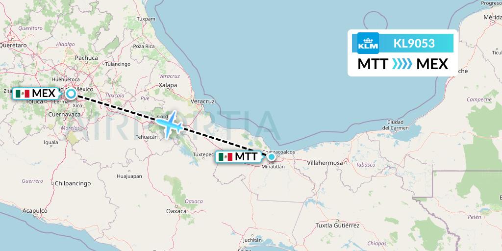 KL9053 KLM Flight Map: Minatitlan to Mexico City