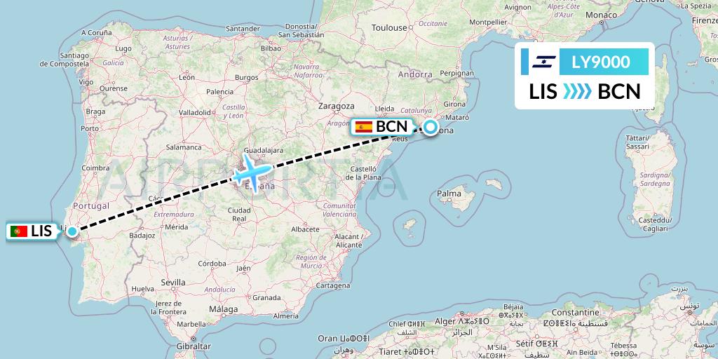 LY9000 El Al Flight Map: Lisbon to Barcelona