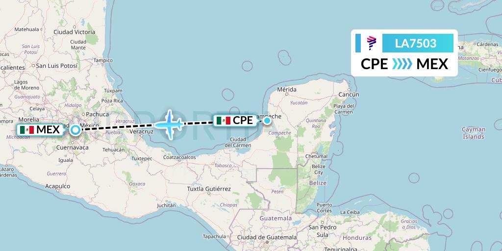 LA7503 LAN Airlines Flight Map: Campeche to Mexico City