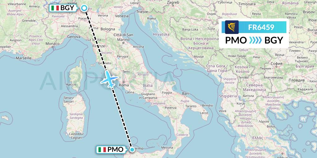 FR6459 Ryanair Flight Map: Palermo to Milan