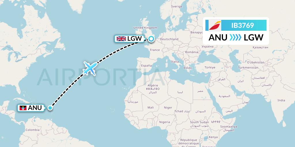 IB3769 Iberia Flight Map: Antigua to London