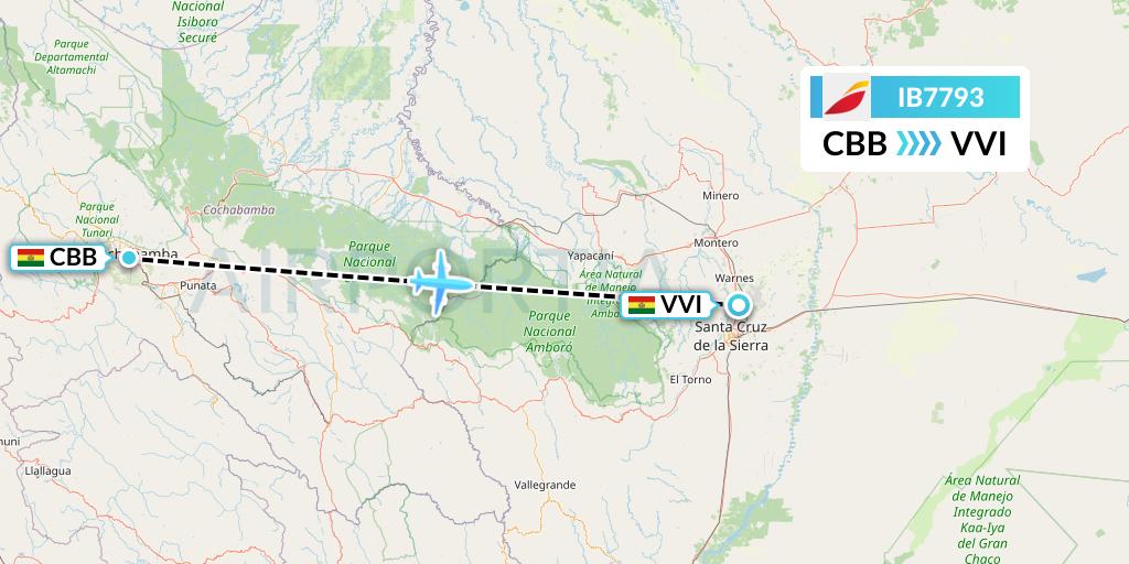 IB7793 Iberia Flight Map: Cochabamba to Santa Cruz